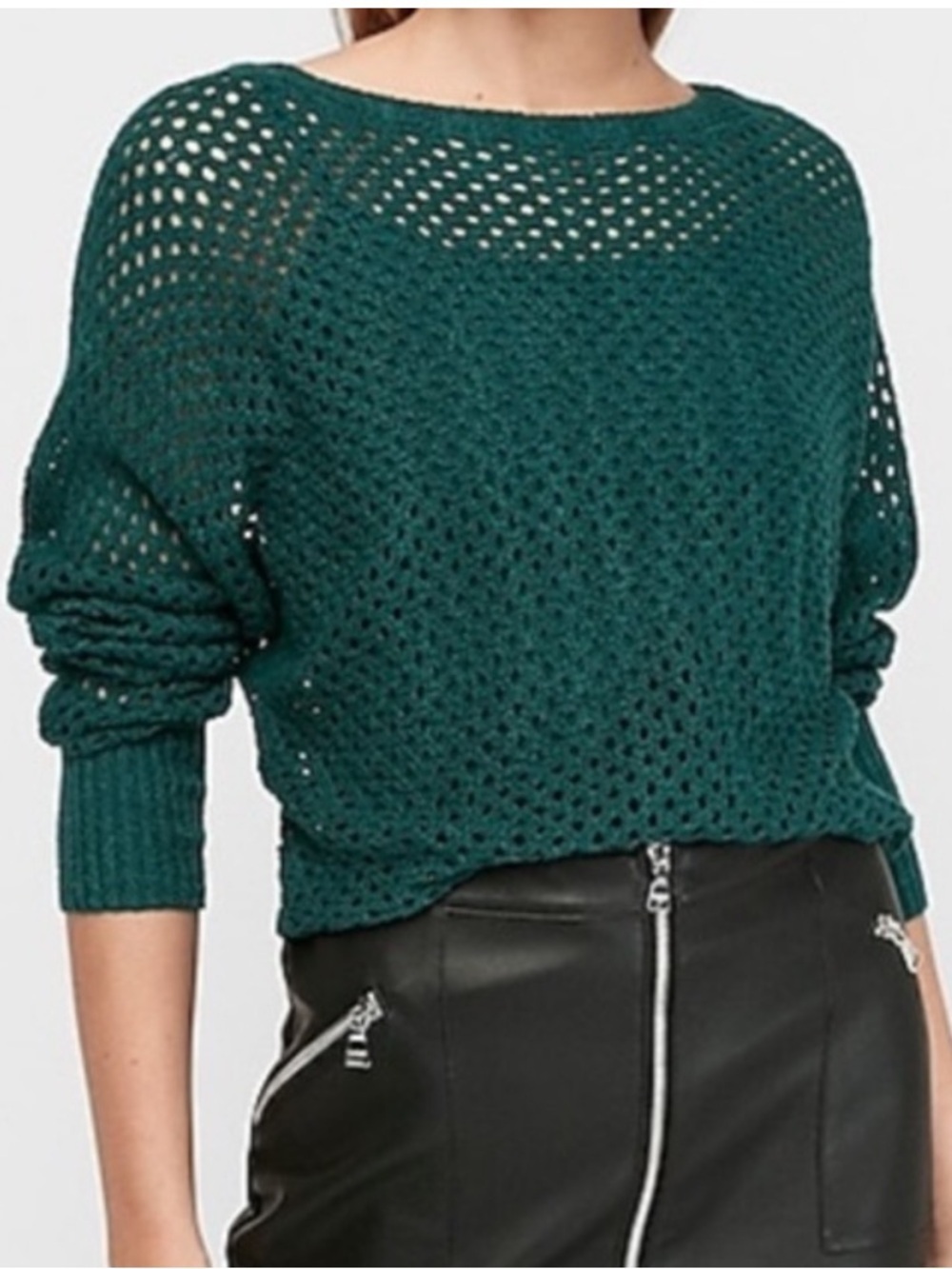 NWT Express Dark Green Open Weave long Sleeve Bateau Neck Sweater Sz S